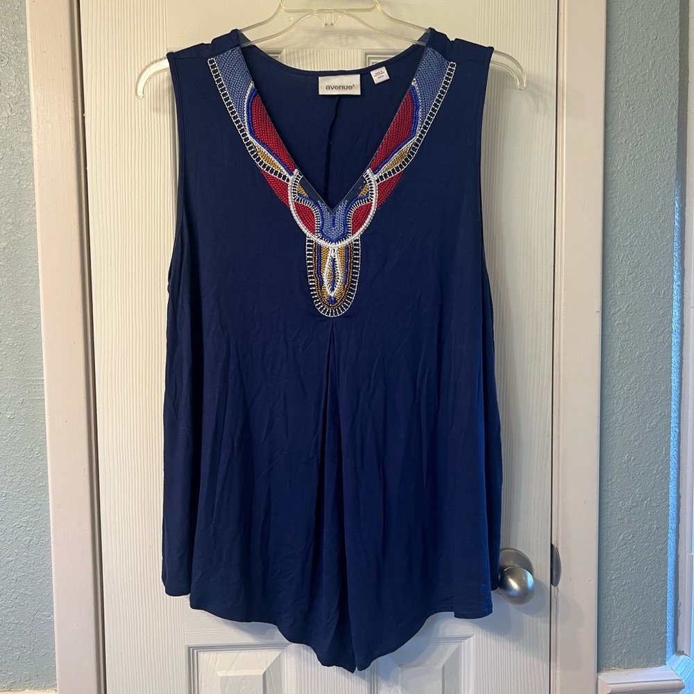 Avenue Blue Embellished Sleeveless Tank Top